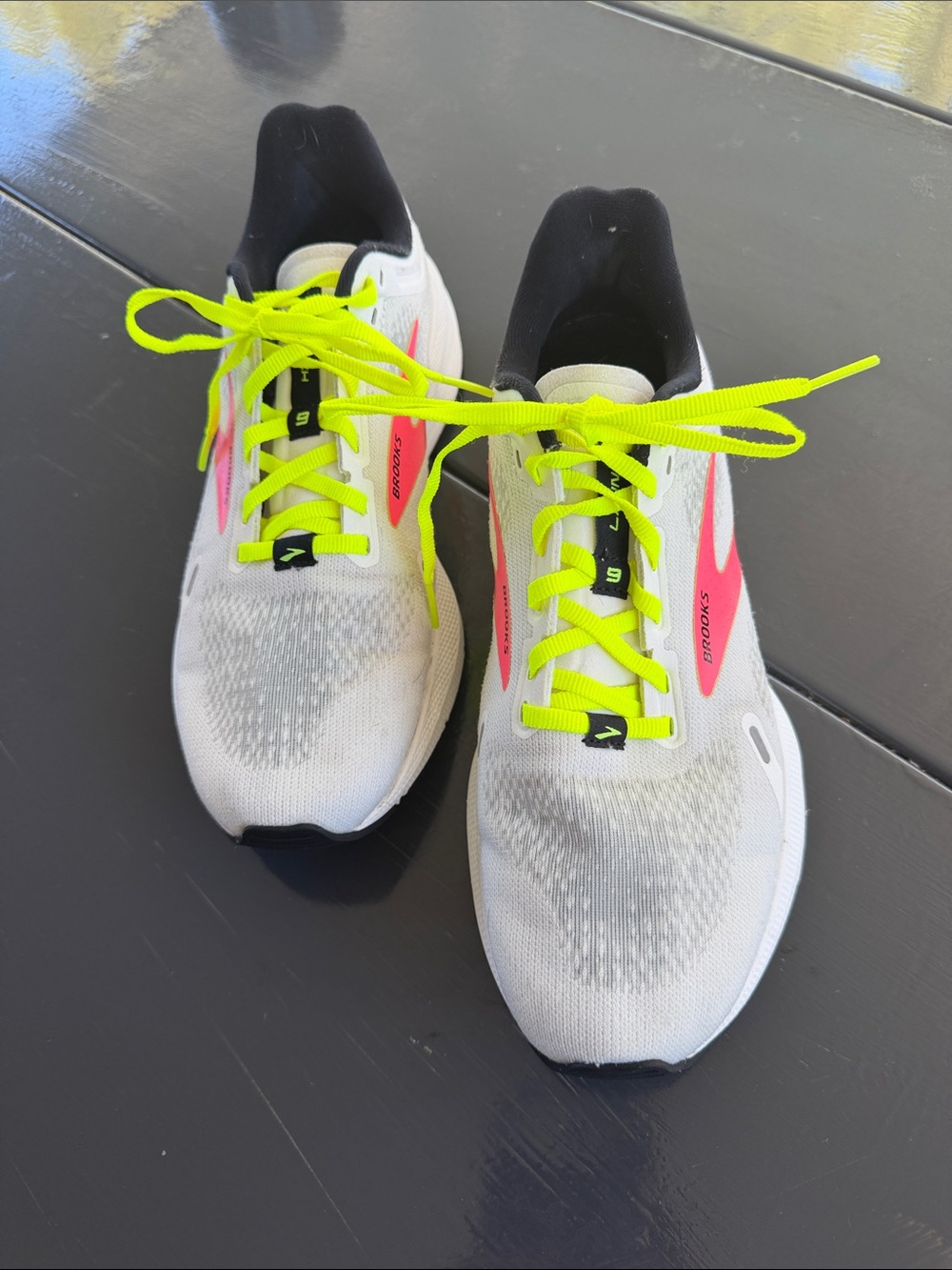 Brooks White Running Shoes with Neon Yellow Laces and Pink Accents